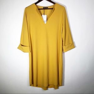 Zara Yellow NWT. V Neck 3/4 Sleeve Dress Large